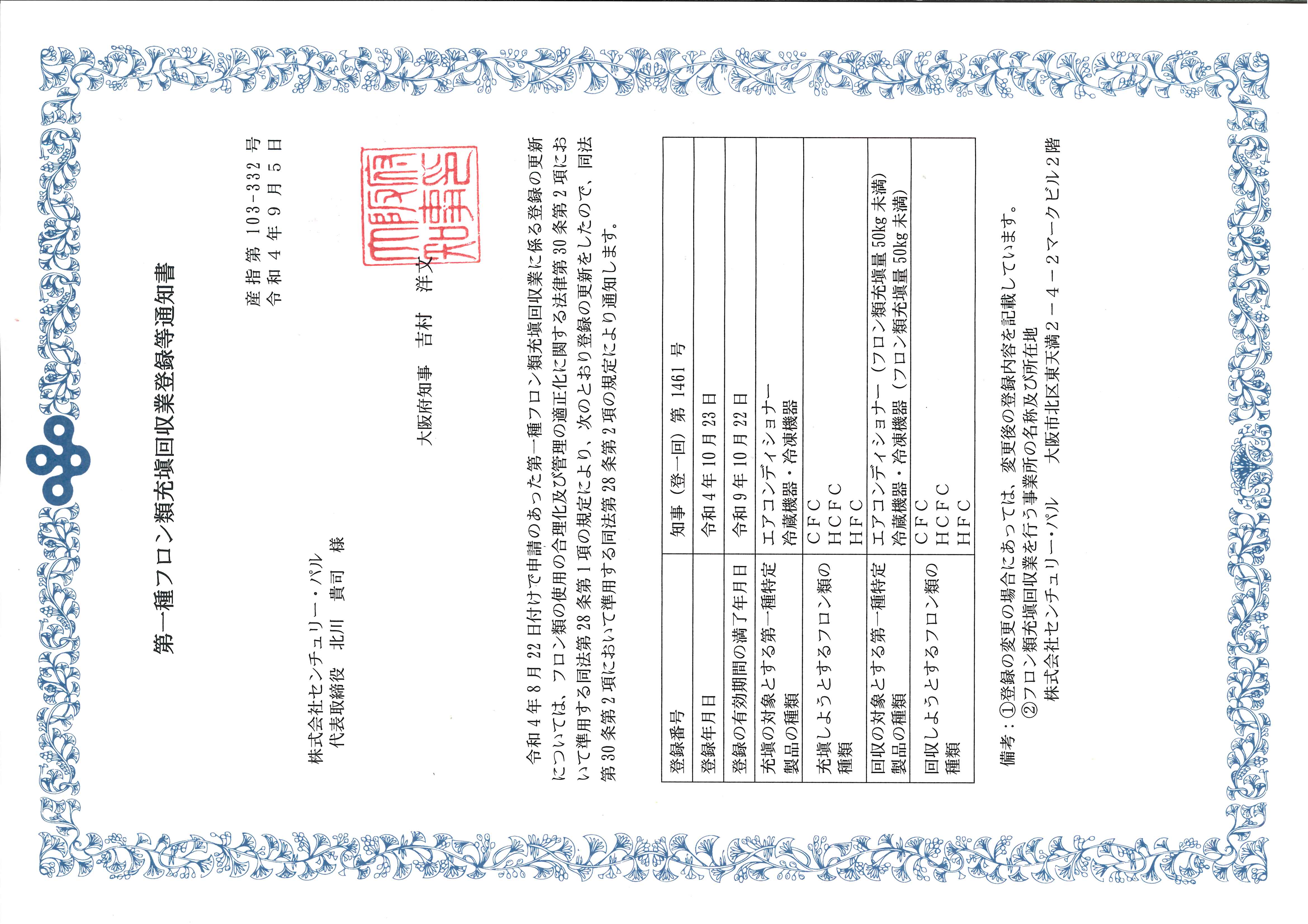 第一種フロン類充填回収業者登録通知書_大阪府